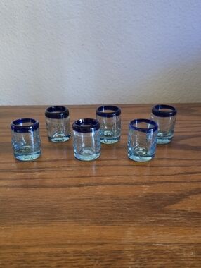 Set of 6 Clear Made in Mexico Glass Shot Glasses with Cobalt Blue Rim